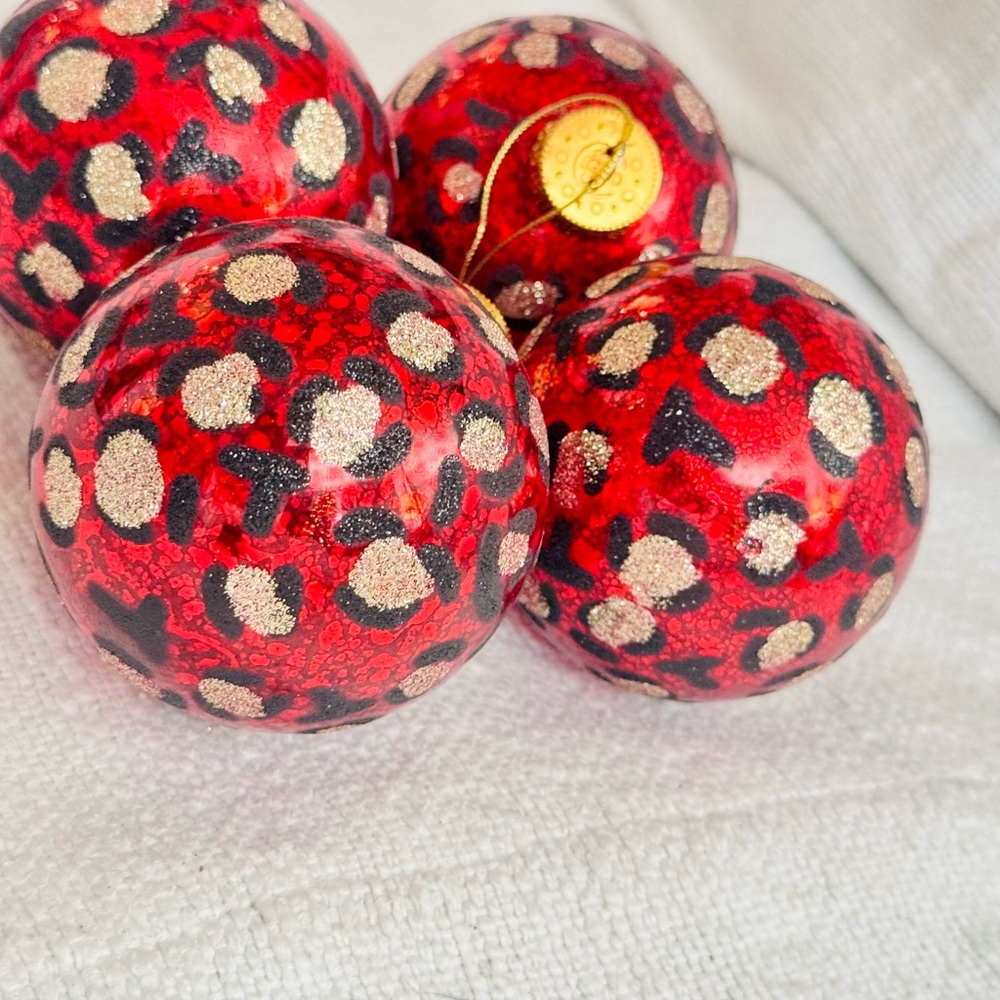 4 Vintage Glass Red Gold & Black Glitter Leopard Christmas Tree Ornaments - Picture 5 of 7